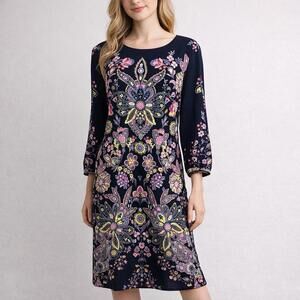 LOFT Floral Boho Midi Dress M Navy Pink Paisley Shift Dress Cottagecore Romantic